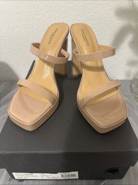 Tony Bianco Nude Patent Double-Strap Block Heel Sandals